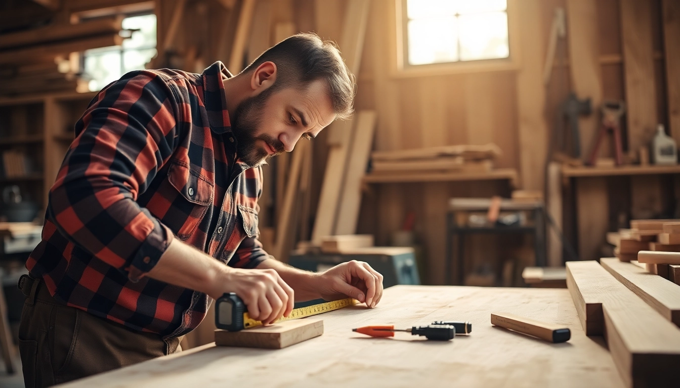Professional carpenter expertly measuring wood in a spacious workshop, highlighting craftsmanship and precision in carpentry work.