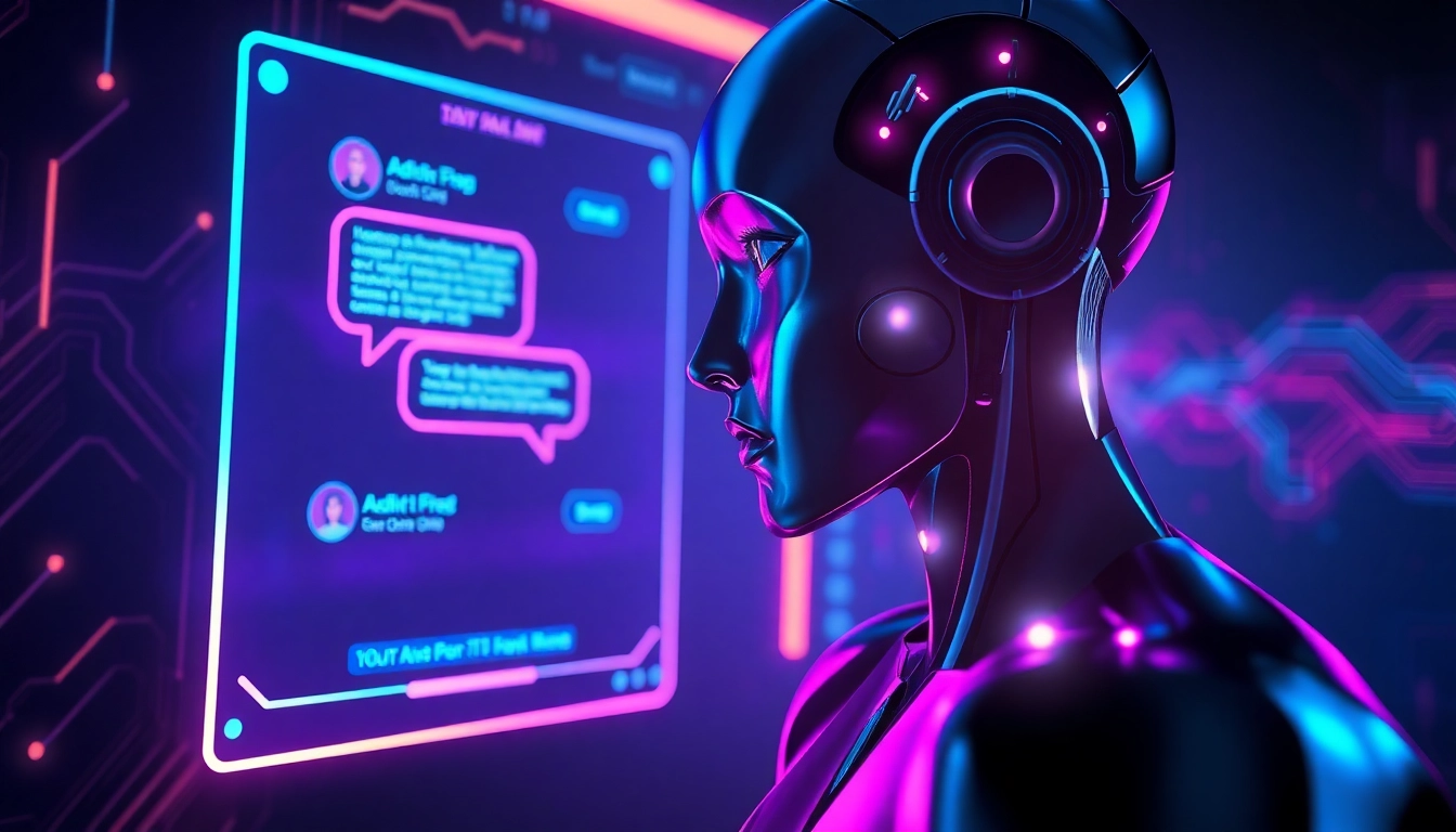 Futuristic AI chatbot interface with neon accents and holographic elements