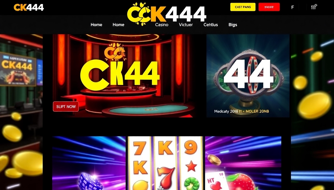 CK 444 online gaming platform featuring vibrant visuals, live dealer, and slot games inviting players to join.