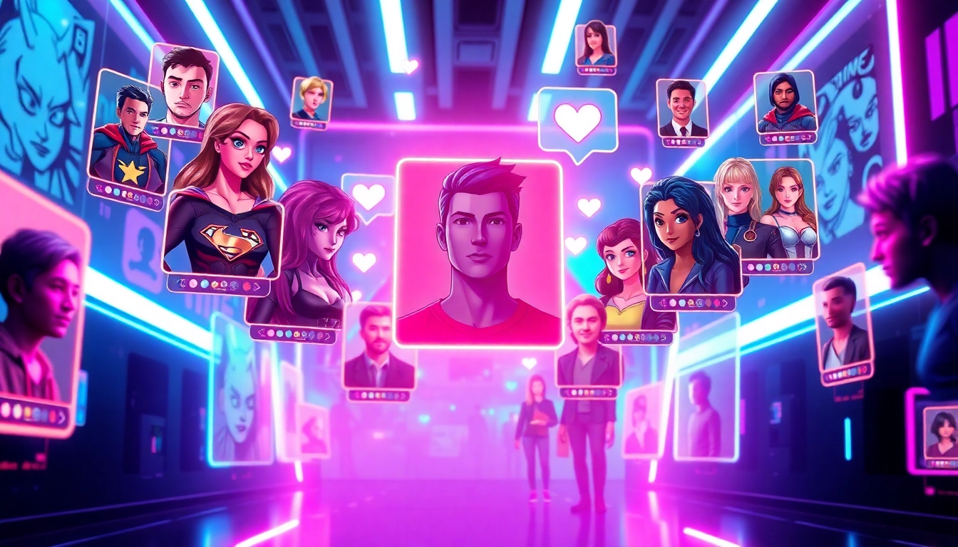 An illustration of a futuristic virtual social media interface with avatars and chat bubbles in vibrant neon colors