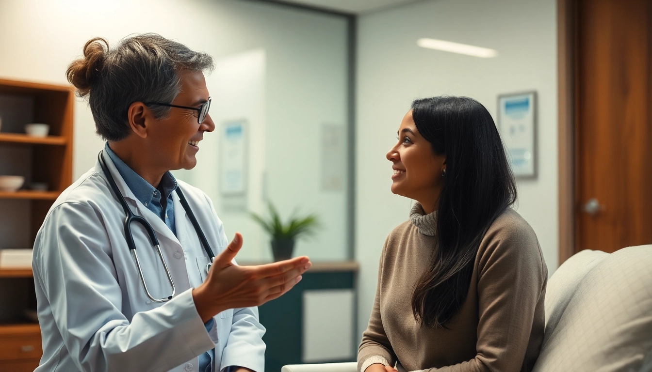 Professional offering treatment for drug addiction guidance to a patient in a clinical setting, emphasizing trust and recovery.