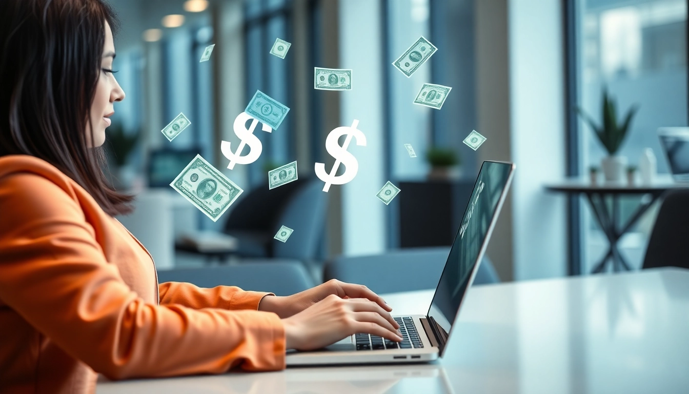 Make money online concept with a person working on laptop surrounded by dollar bills and digital graphs, symbolizing earning opportunities.