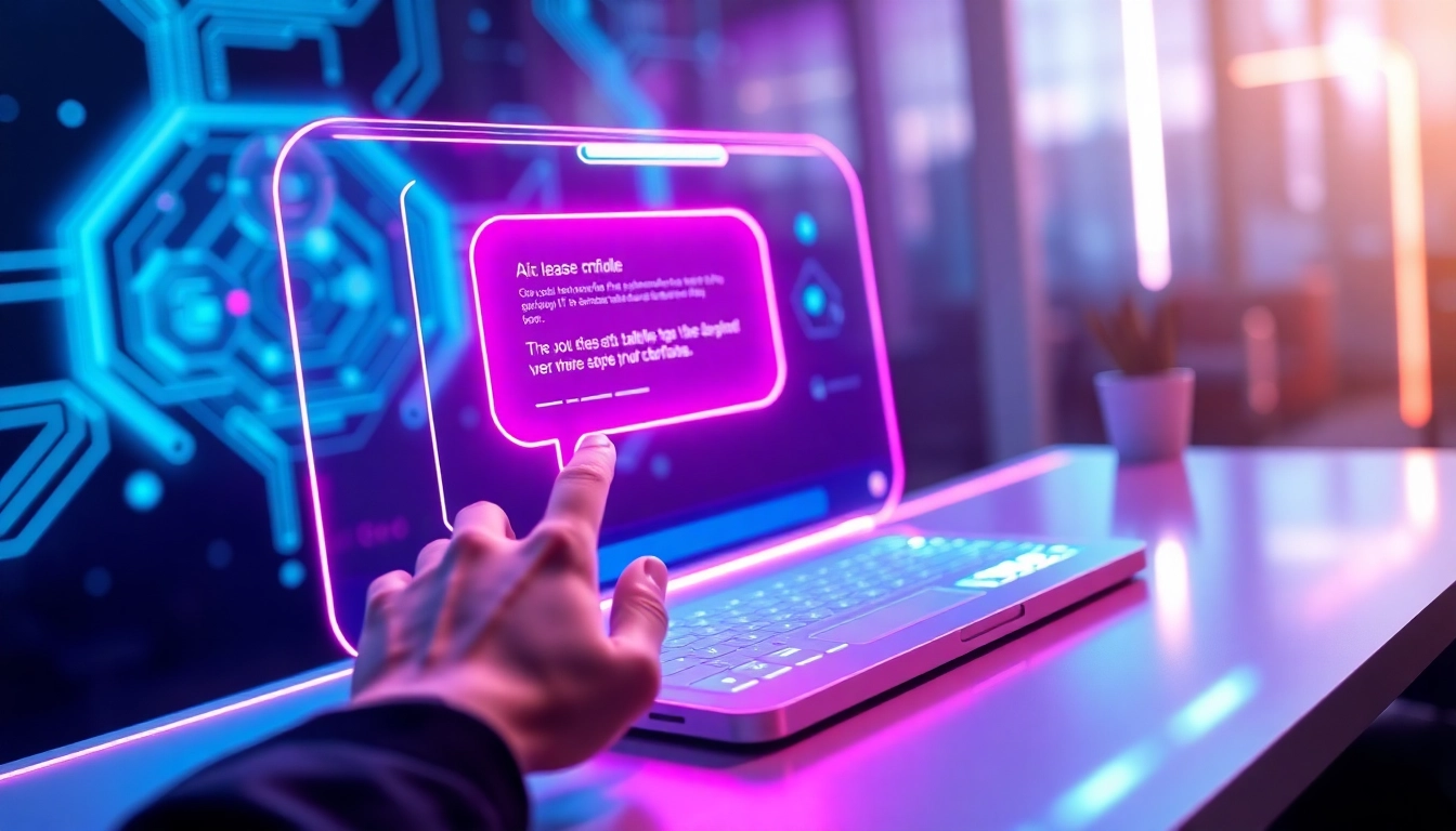 Futuristic AI chatbot interface on a high-tech workspace with holographic conversation bubbles and neon accents.