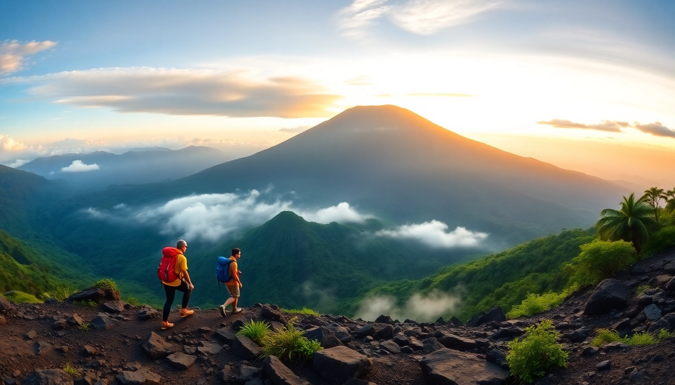 The majestic Mount Rinjani at sunrise with hikers on the trail, lush greenery, and a vibrant sky.