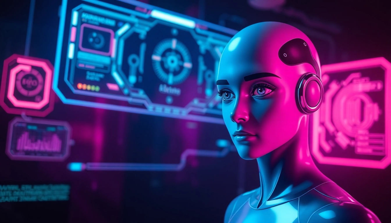 Futuristic AI interface with virtual character and holographic UI in neon-lit environment.