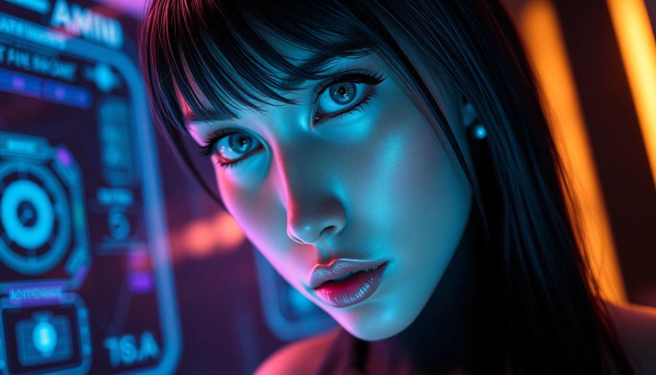 Futuristic AI character in a digital environment with holographic elements and a confident pose.