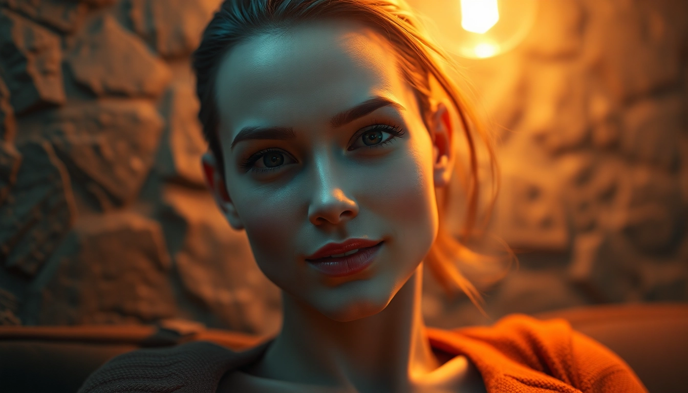 Realistic digital character in an intimate, emotionally expressive setting with warm lighting and detailed textures.