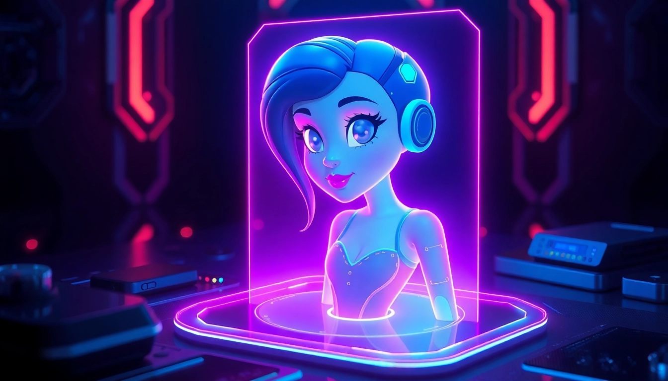 Futuristic AI interface with a female avatar in neon colors on a dark background.