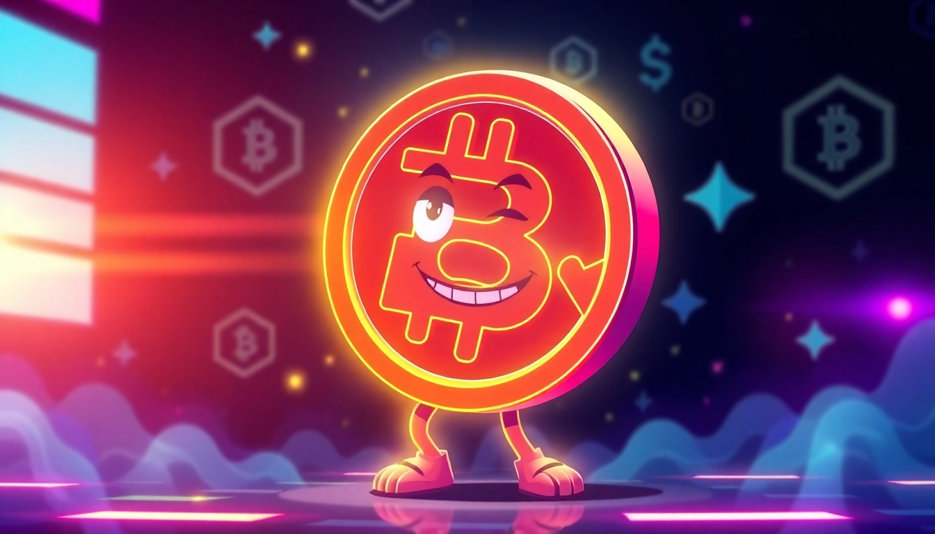 Vivid image of a lively memecoin with a humorous mascot demonstrating its popularity in the