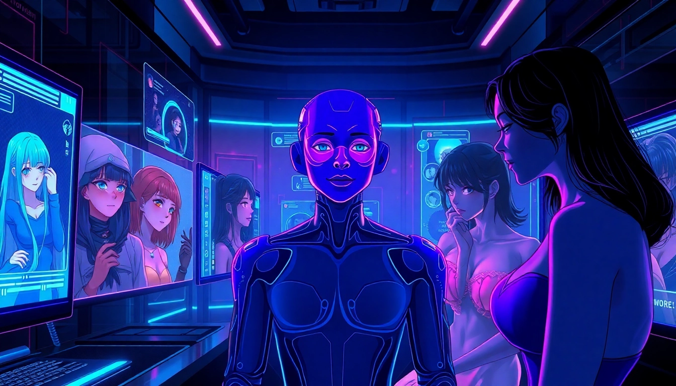 Futuristic digital interface with AI chat avatars in a cyberpunk setting, showcasing NSFW interactions with vibrant neon lights and holographic visuals.