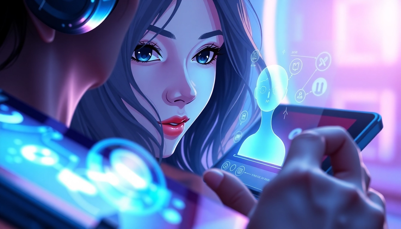 Futuristic AI girlfriend hologram with realistic details and vibrant colors in a high-tech setting.