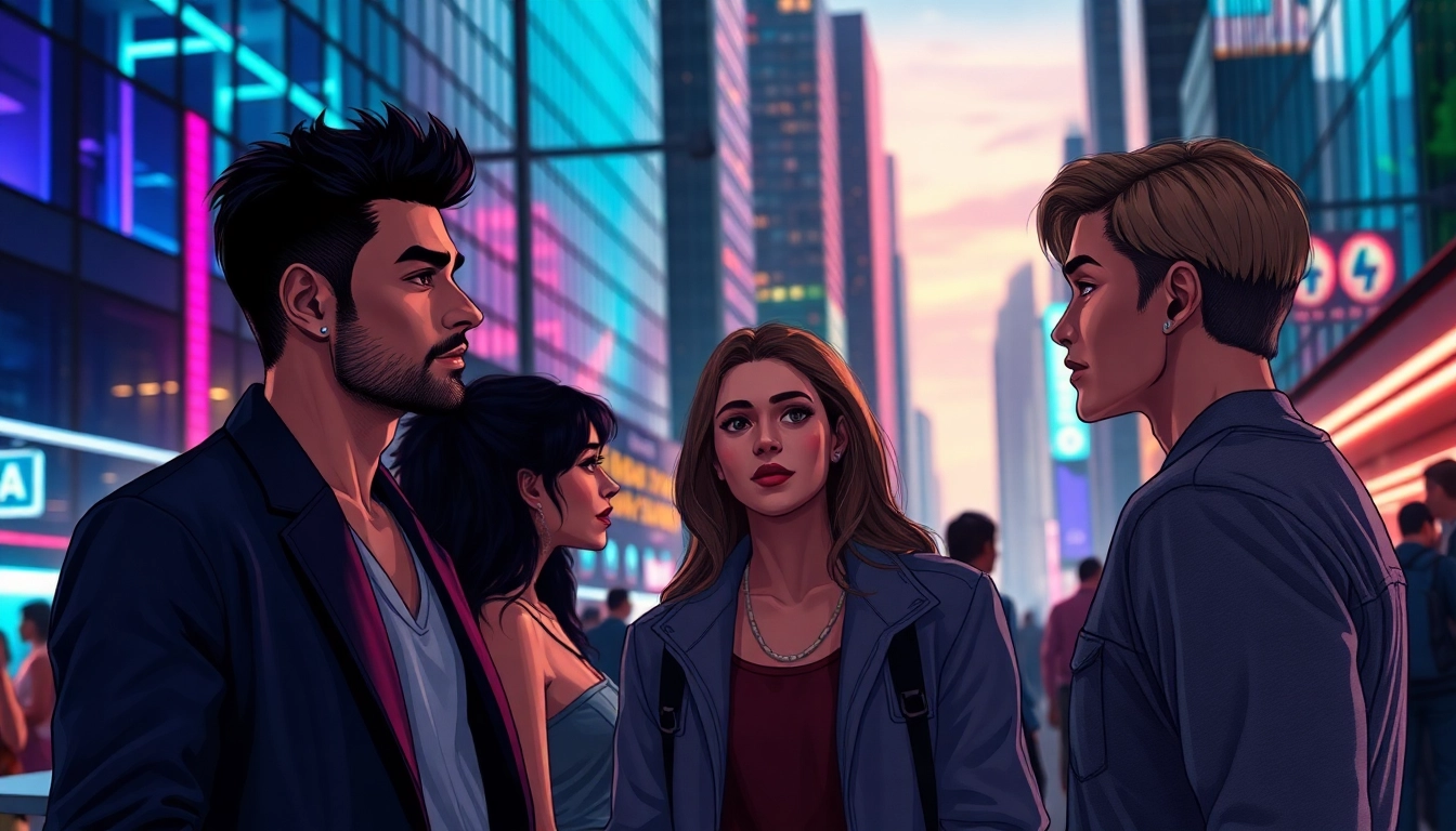 A futuristic city scene at dusk with diverse individuals representing the Omegaverse hierarchy in conversation.