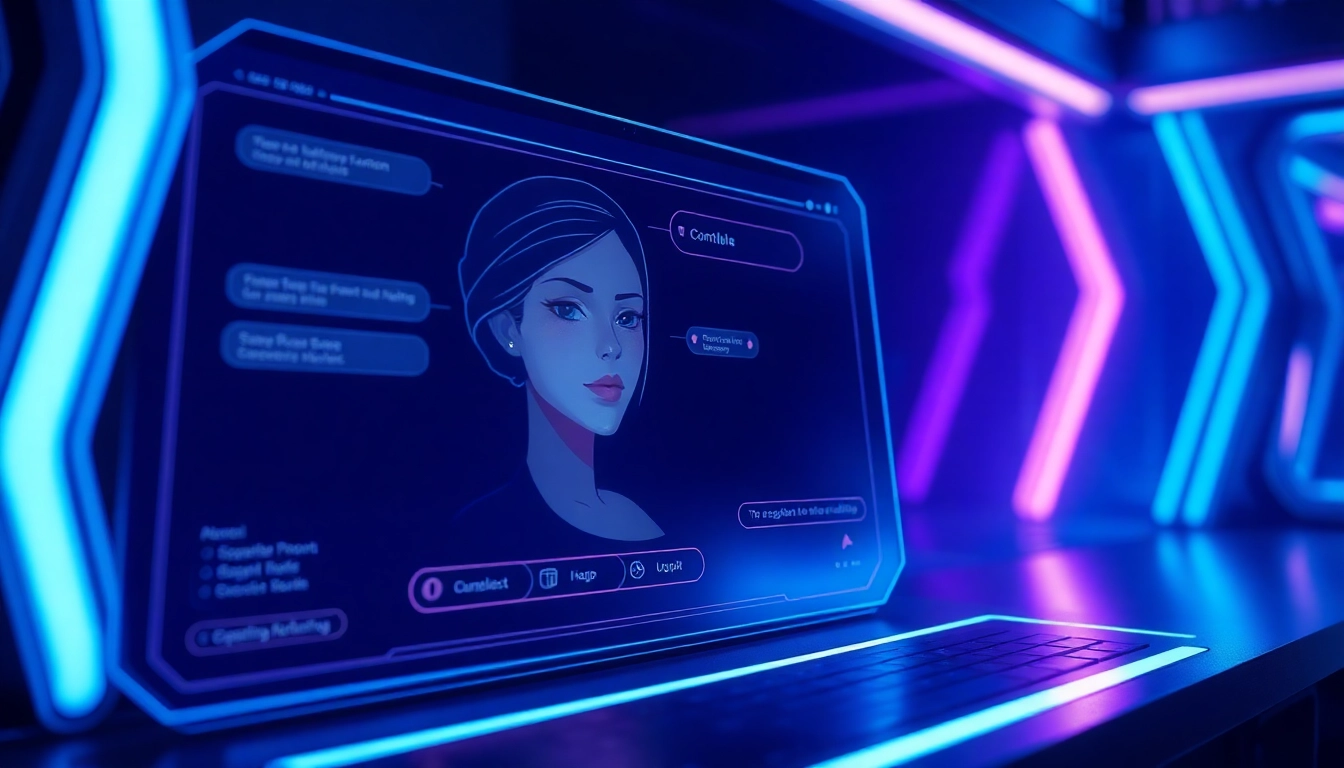 Futuristic AI interface with a female character in a cyberpunk setting, glowing neon lights and digital textures.