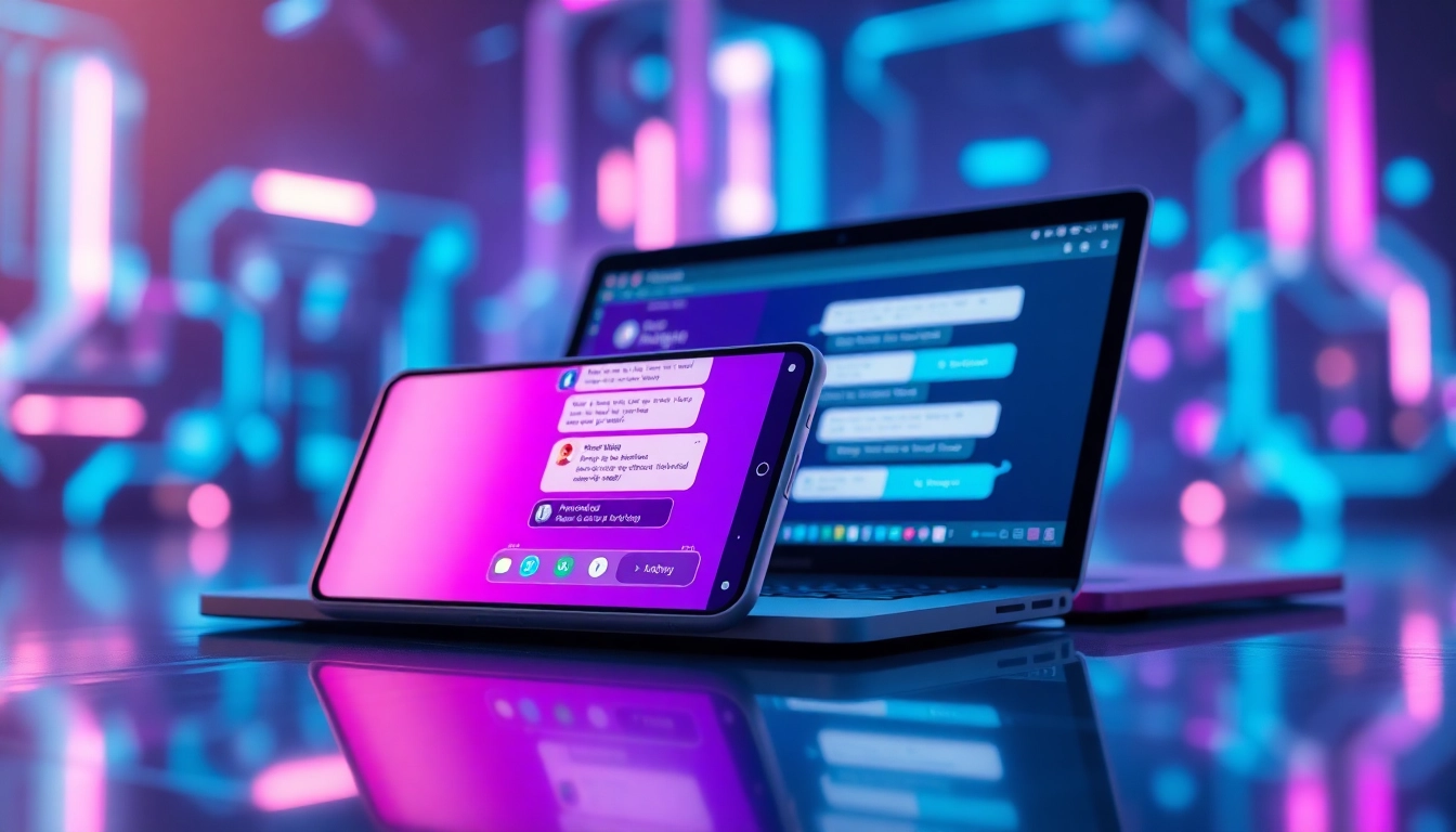 Close-up of modern devices displaying AI chat conversations with vibrant, animated characters in a futuristic setting.