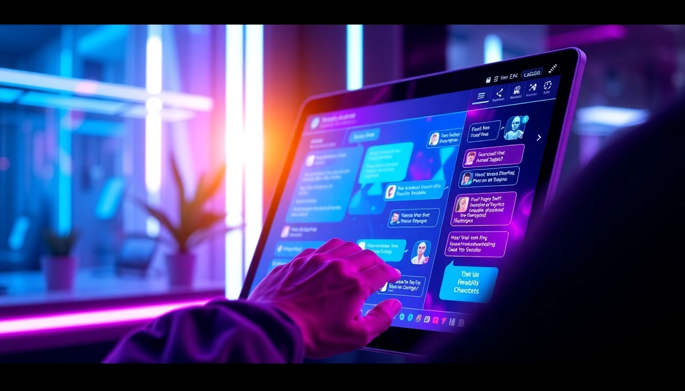Close-up of a futuristic AI chatbot platform interface with vibrant neon accents and holographic elements.