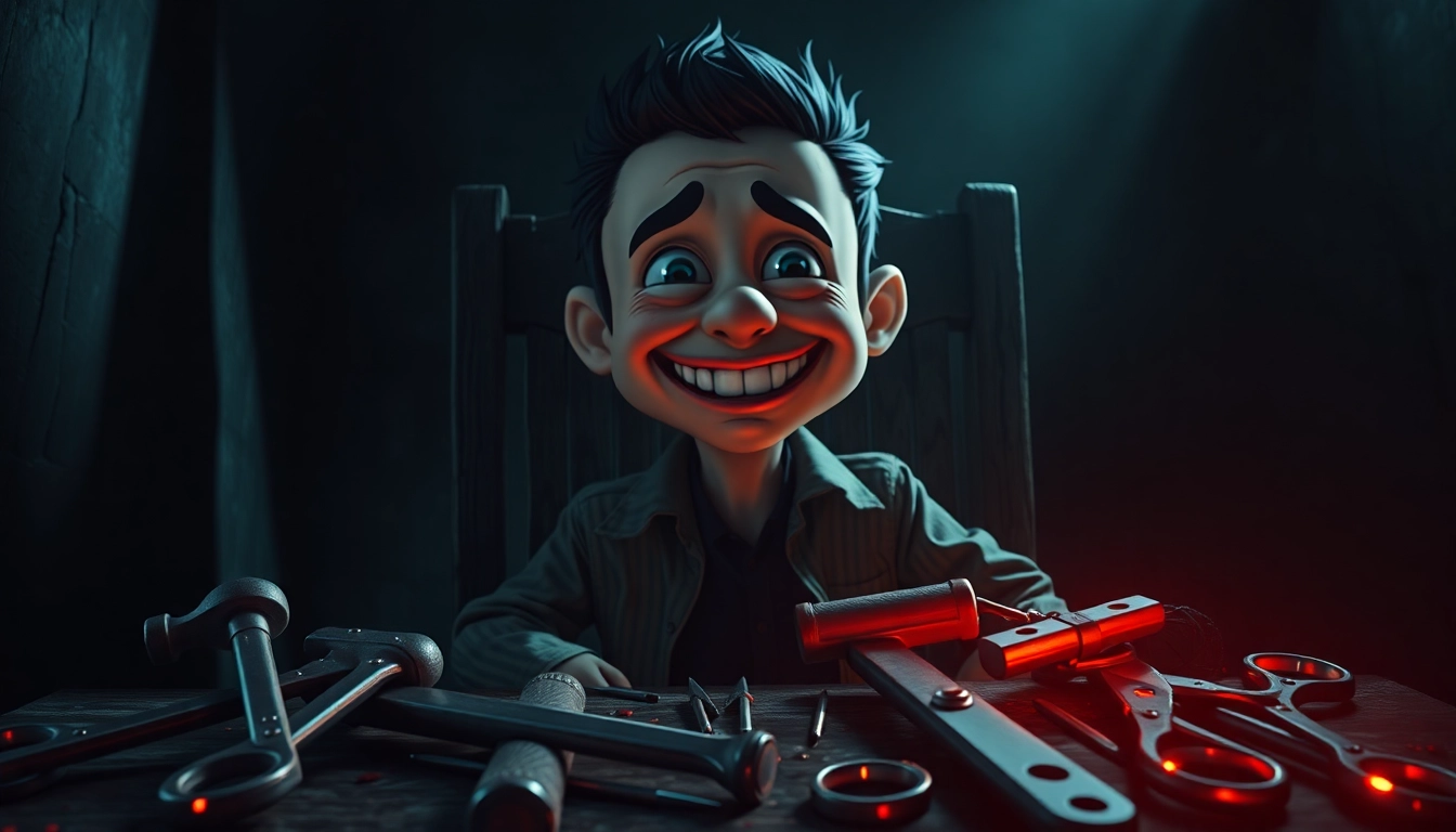 A disturbing scene showing Harvey, a cheerful character, in a dark room with tools around him, highlighting his suffering and the unsettling mood.