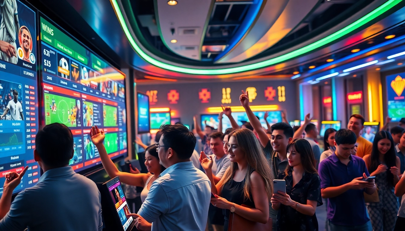 Illustration of a vibrant online sports betting and casino platform with users engaging on digital devices and a high-tech background.