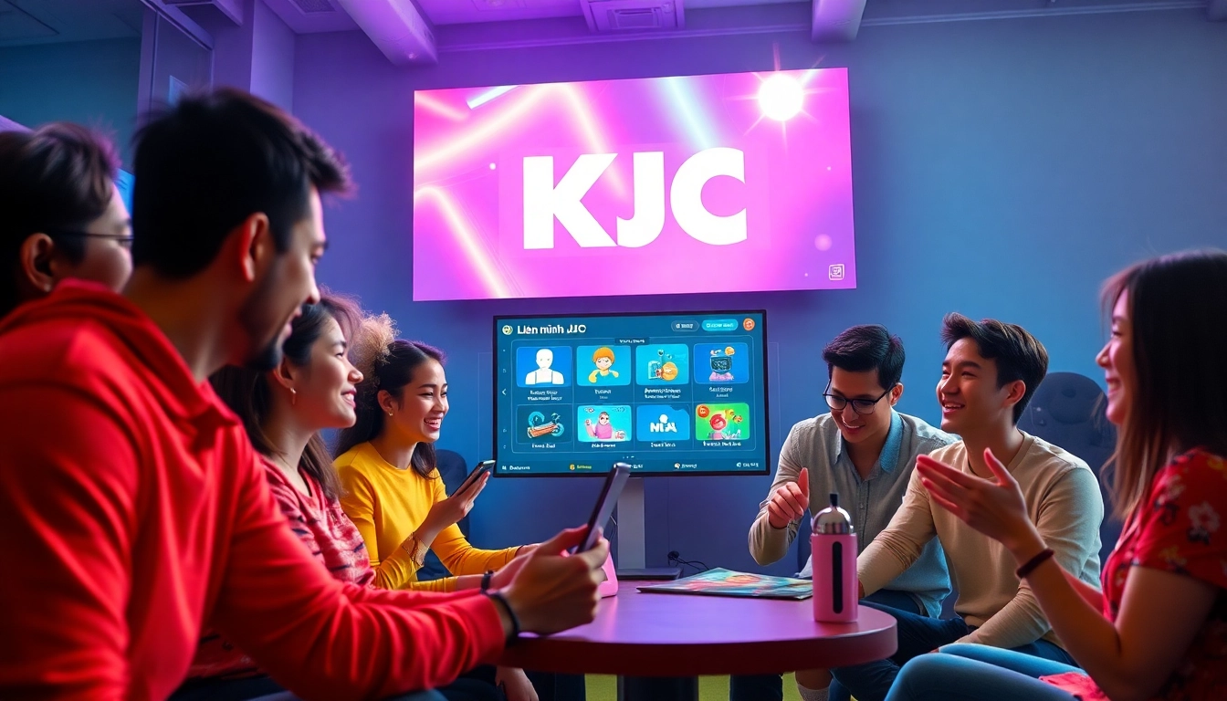 Robust Lien minh KJC team collaborating in a high-tech digital environment, showcasing