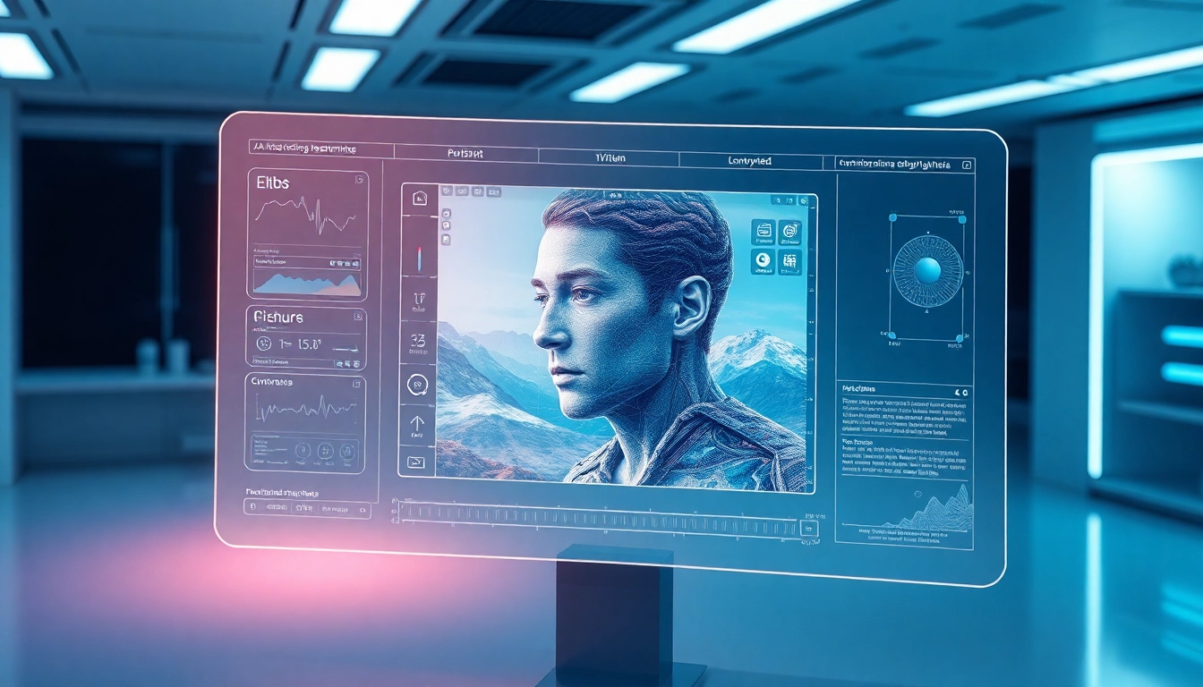 Futuristic AI interface editing an image with detailed digital panels and holographic display in a modern tech environment.