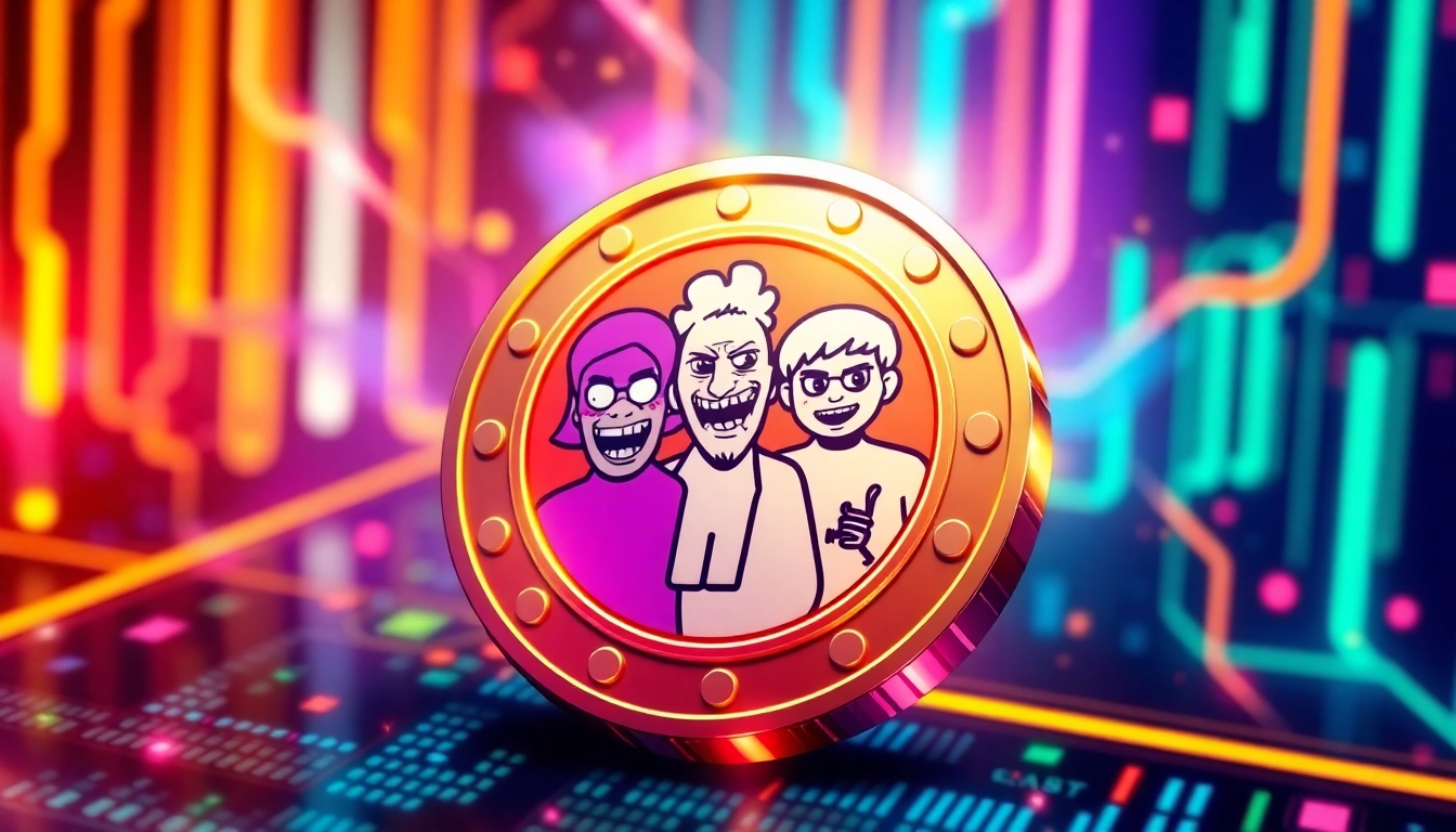 Visually striking memecoin coin surrounded by meme characters and digital graphics showcasing