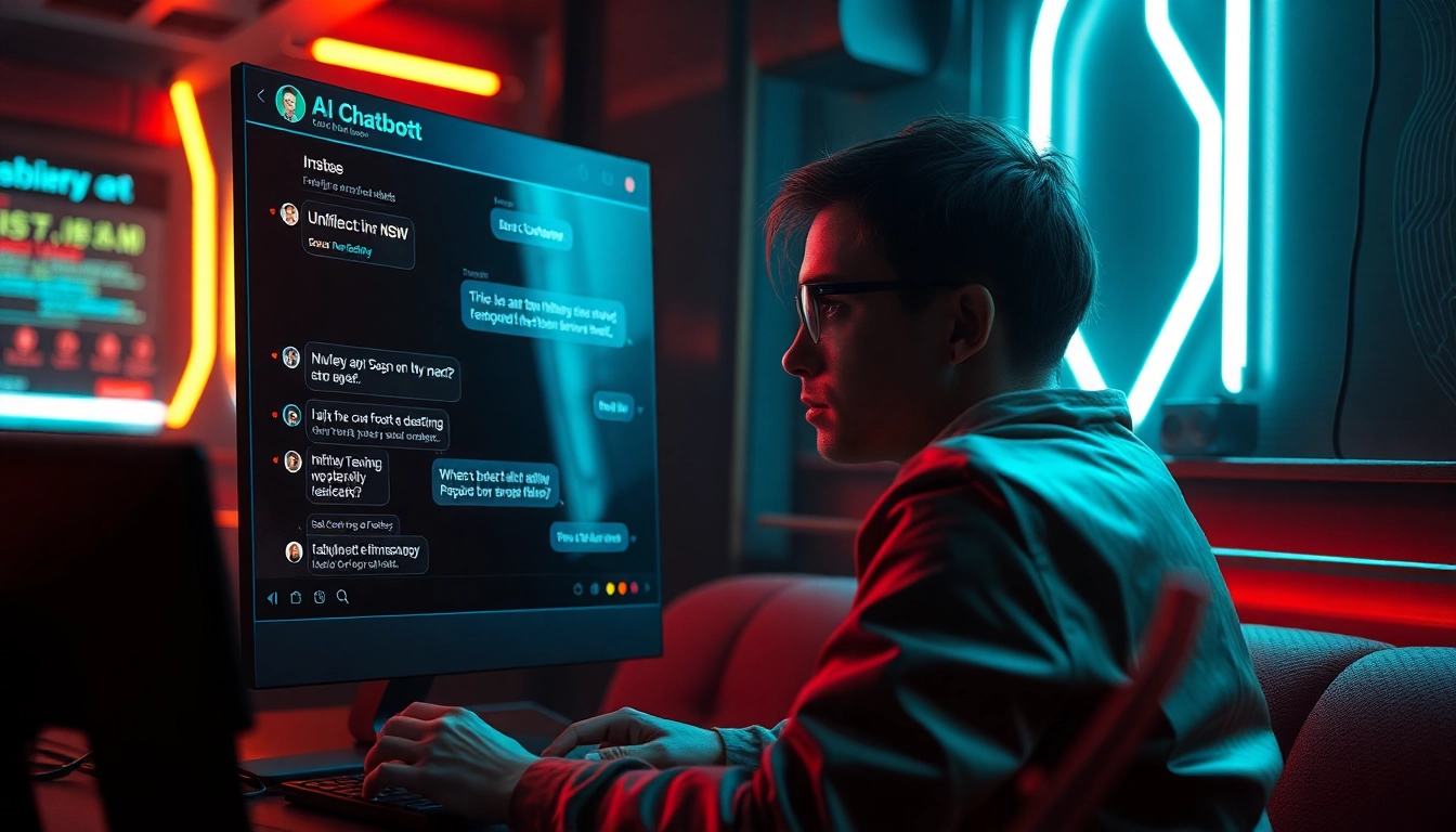 Bold depiction of a nsfw ai chatbot interface with a user engaging in unfiltered adult conversations, highlighting realism and intimacy in a cyberpunk-themed setting.