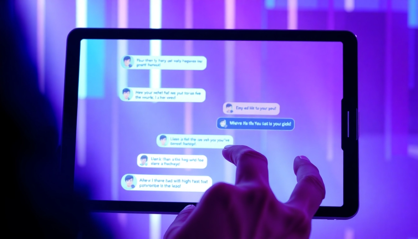 Futuristic digital interface showing AI chat conversations on a neon-lit screen, emphasizing modern adult AI chat platforms.