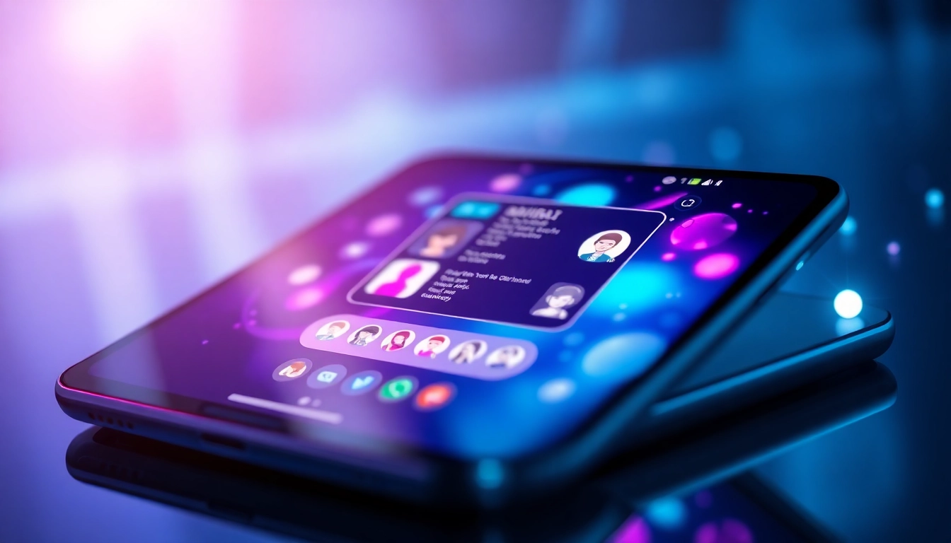 Futuristic AI chatbot interface on a high-tech device with animated avatars and holographic digital elements