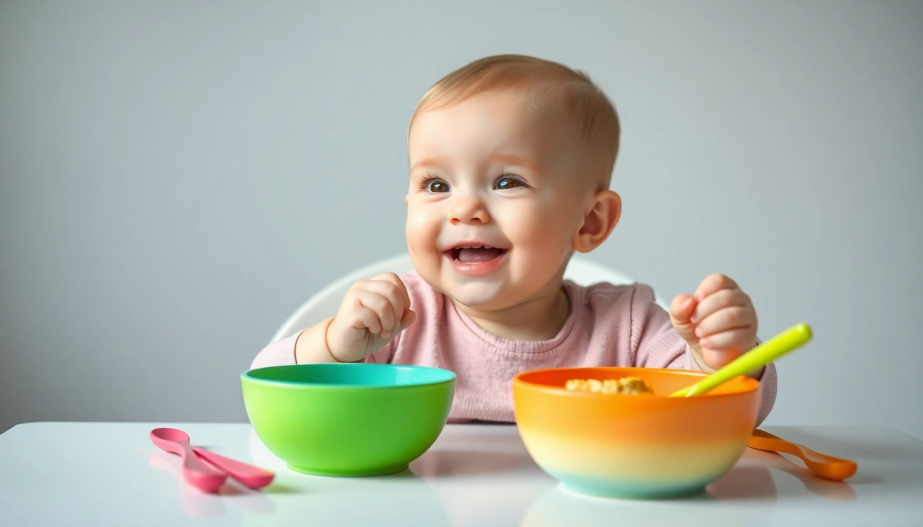 Young baby enjoying baby weaning foods with colorful silicone dishes and utensils in a cozy