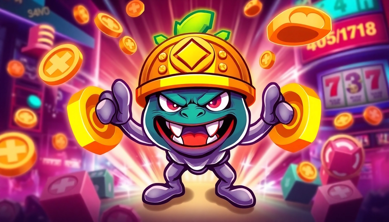 Engaging scene of Angry Pepe Token mascot with gambling games and blockchain icons, emphasizing