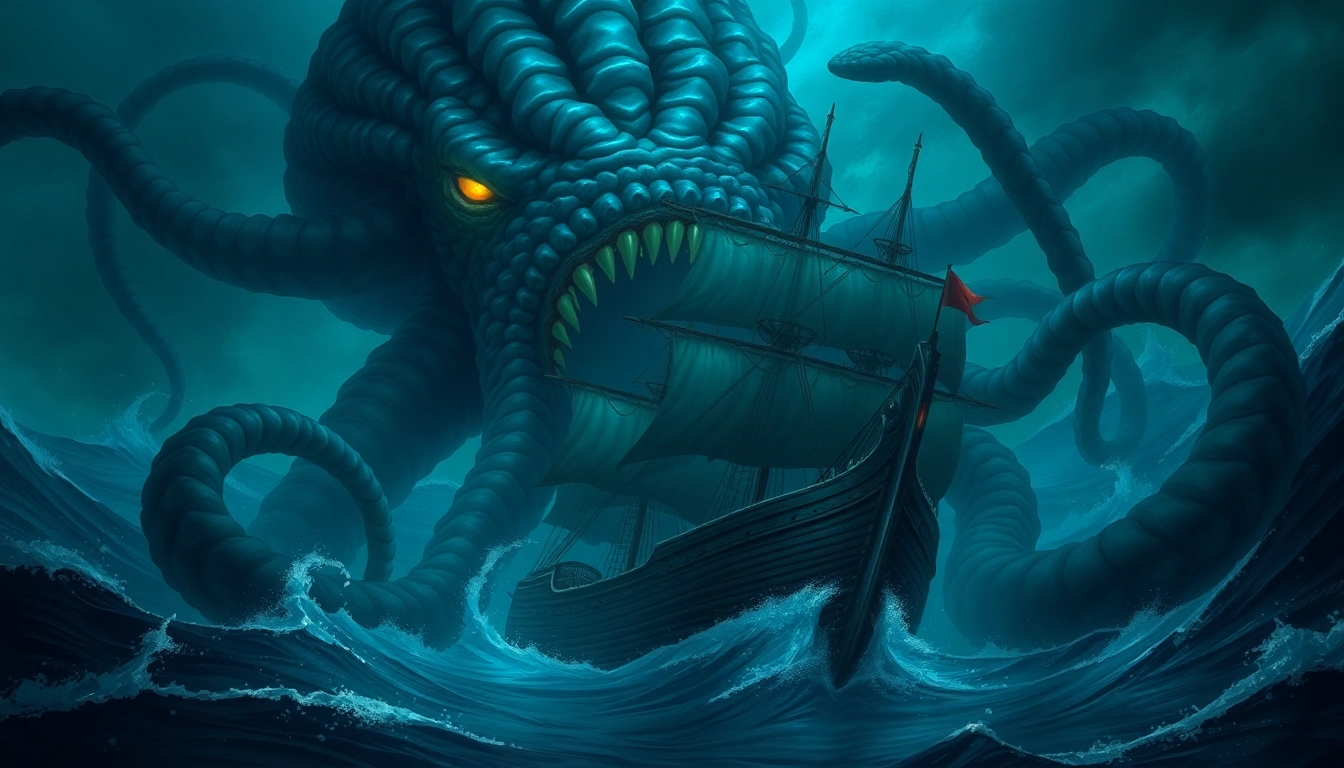 Detailed illustration of a giant kraken with glowing eyes and huge tentacles, emphasizing theme