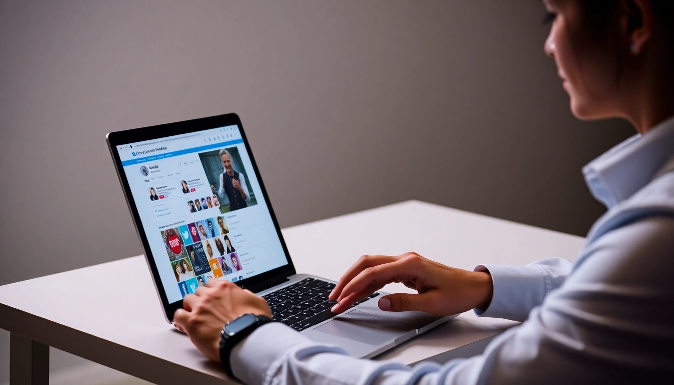 Person optimizing social profile optimization on laptop with social icons and profile pages in