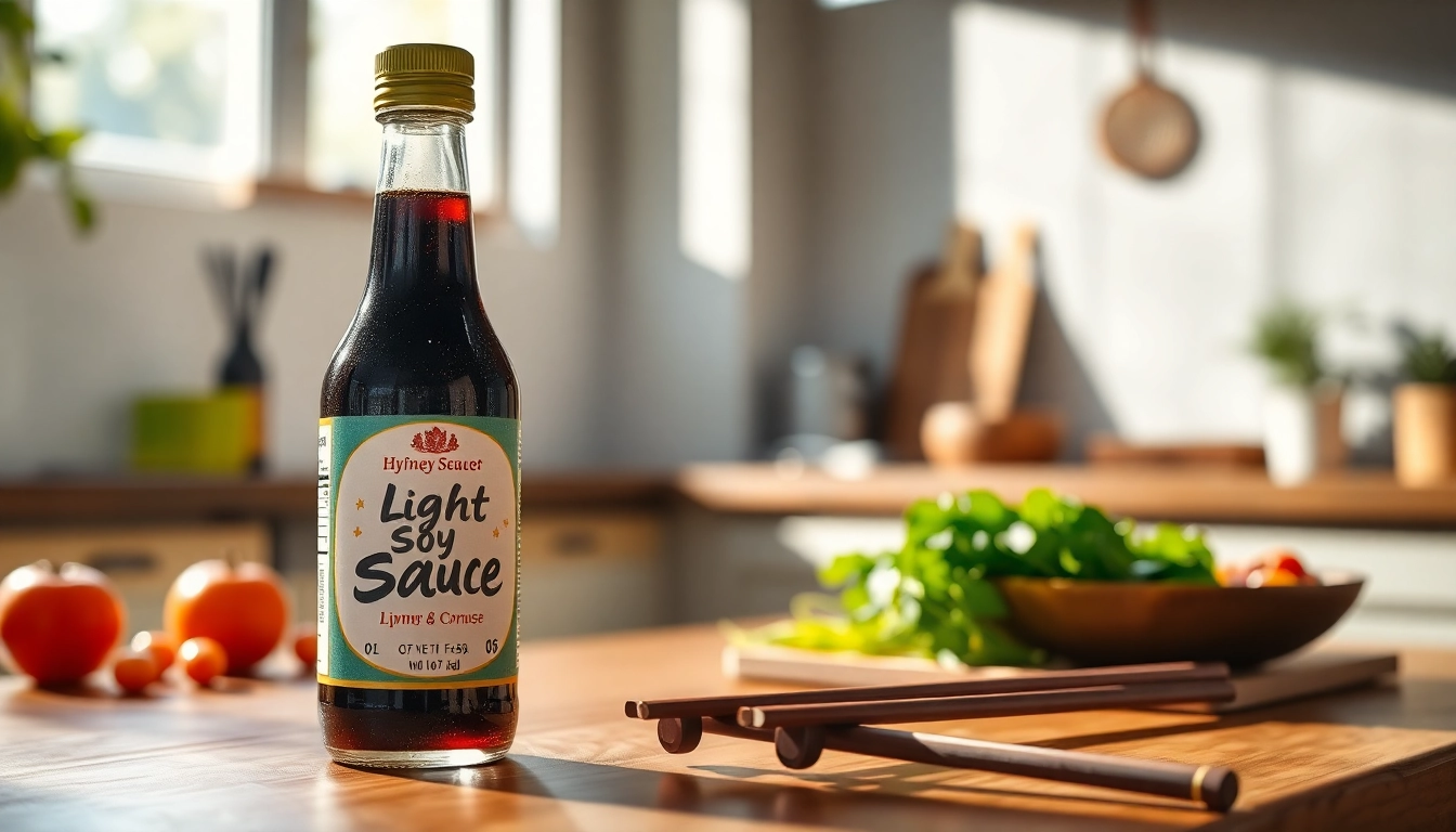 High-quality Light Soy Sauce bottle with fresh vegetables and cooking utensils for authentic