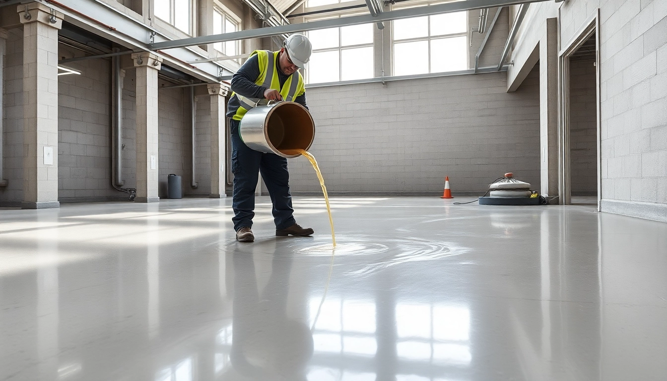 Skilled technician applying liquid screeding in Birmingham for precision floor leveling and
